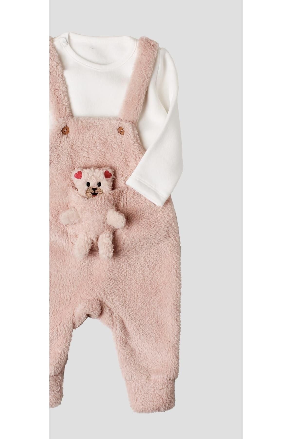 Kışlık tatlı peluş ikili takım kız bebek salopet sweatshirt